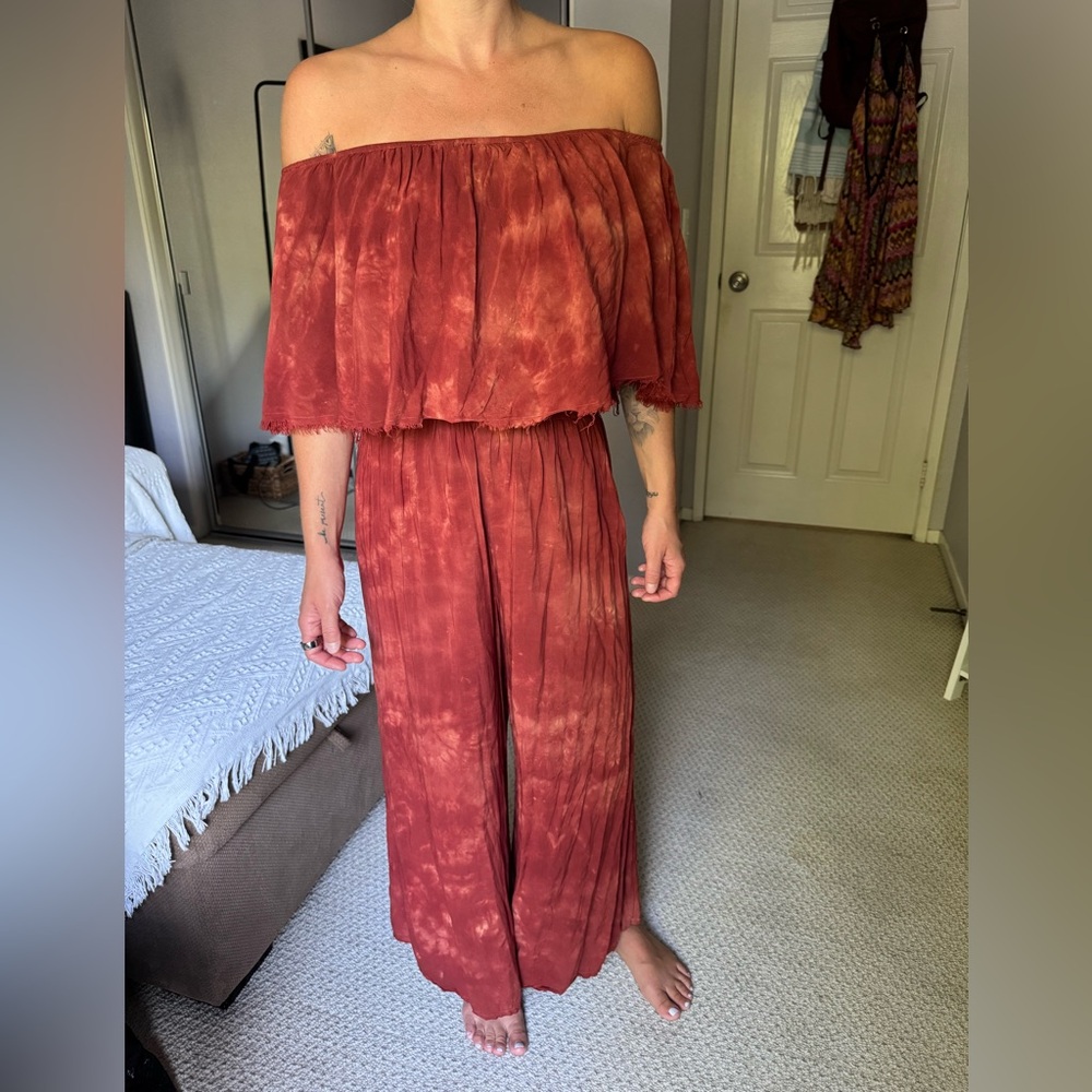 Blue Life Off-Shoulder Rust Jumpsuit